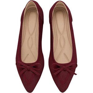🆕Women Red Knit Pointed Toe Bow Ballet Flats Comfortable Dressy Slip On Shoes